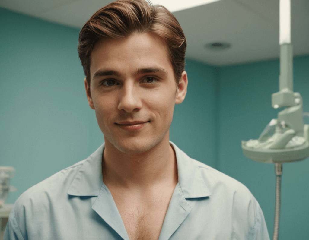 In a modern surgical facility, a young man confidently unbuttons his shirt, his eyes gleaming with self-assurance. There are no signs of gynecomastia on his chest anymore. With a smile filled with confidence after surgery, he looks into the camera.